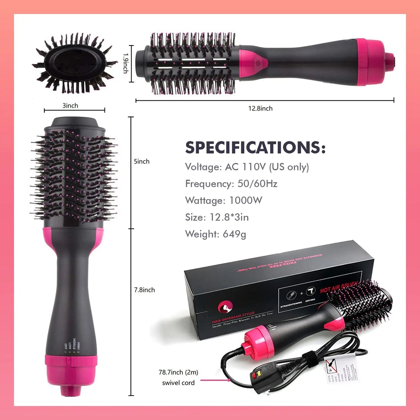 Hair Dryer Brush Blow Dryer Brush in One, Multi-function Hot Air Brush Hair Dryer and Styler Volumizer, Negative Ion Anti-Frizz Hair Straightener Brush with Ceramic Titanium Barrel, 75 MM Oval Shape Radiant Revolve