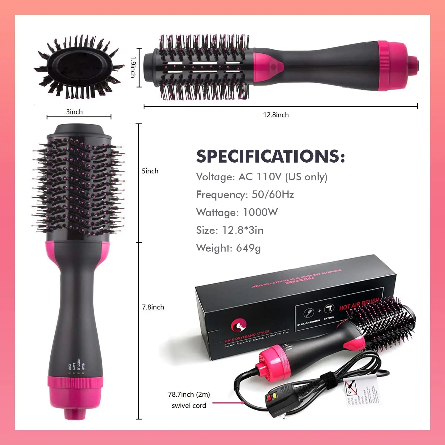 Hair Dryer Brush Blow Dryer Brush in One, Multi-function Hot Air Brush Hair Dryer and Styler Volumizer, Negative Ion Anti-Frizz Hair Straightener Brush with Ceramic Titanium Barrel, 75 MM Oval Shape Radiant Revolve